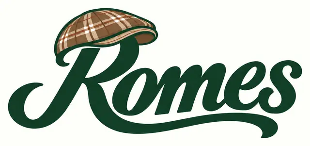 Romes — forest-green script with a plaid driver cap